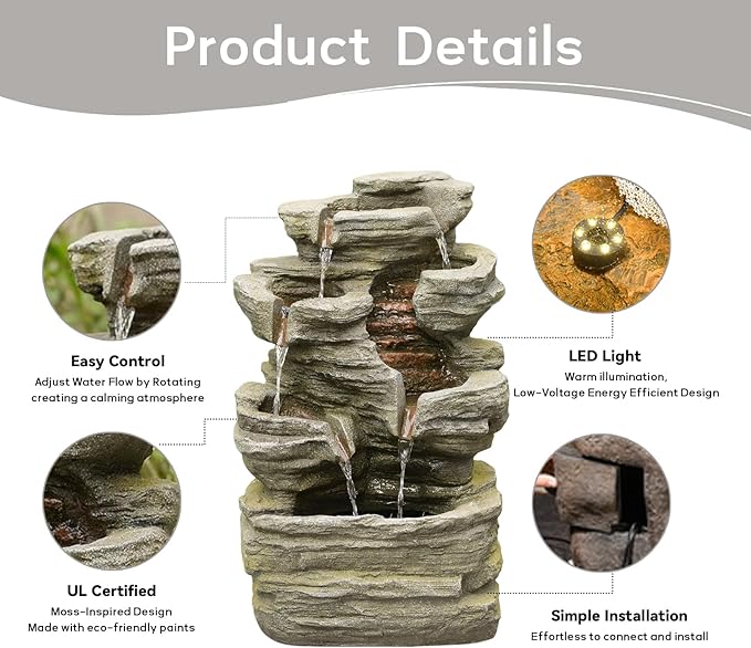 24.2" H Rock Cascading Water Fountain Outdoor&Indoor, 6-Tier Garden Naturefalls Fountains, Floor-Standing Waterfall with Lights for Patio, Backyard, Deck, Porch, Home DéCor, Stone Gray - Bloomnest
