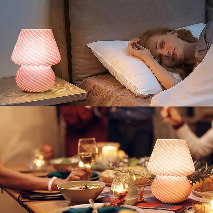 Dorm USB Plug-in Mushroom Lamp Small Bedside Table Lamp with 3 Temperature LED Bulb, Free Dimming Nights Light for Bedroom/Living Room/Entryway/Corner/Table Decor (Stripe Pink) - Bloomnest