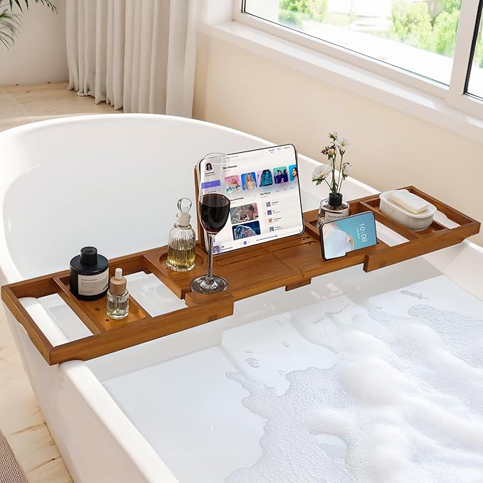 Teak Bathtub Tray, Luxury Bath Table Tray with Wine Glass and Phone Holders & Book Stand, Foldable Wooden Bathtub Caddy for Home Spa Relaxation, Bath Gift for Women(Natural Teak) - Bloomnest