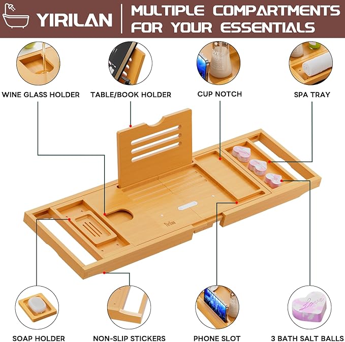 Original Wood Color Foldable Bamboo Bathtub Caddy, Bathtub Tray, Can Place Wine Glasses, Books, Mobile Phones Multifunctional Bath Tub, Suitable for Gifts in Various Festivals - Bloomnest