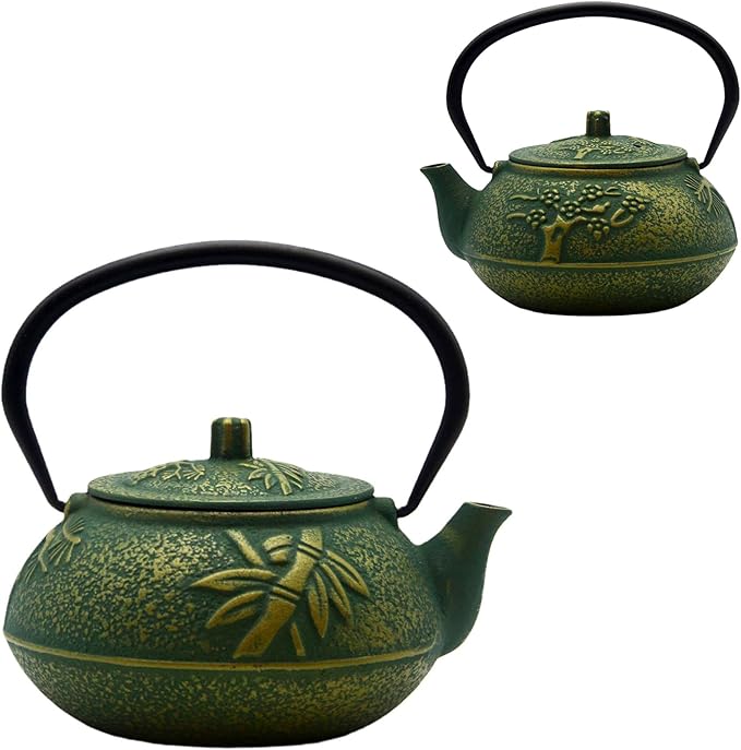 900ml Small Cast Iron Tea Kettle, SECHUDO Teapot Coated with Enameled Interior for Stovetop, Japanese Green Tea Pot with Stainless Steel Strainer for Loose Leaf, Pine,Bamboo and Plum Pattern(30.4oz) - Bloomnest