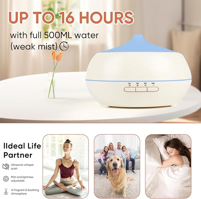 HAPPTWS 500ML Essential Oil Diffuser - BPA Free Ultrasonic Aromatherapy Diffuser, with 7-Color Lights - Waterless Auto Shut Off - Milky white HAPPTWS