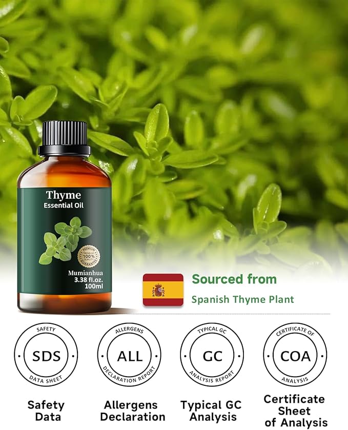 Pure Thyme Essential Oil, Mumianhua Natural Thyme Oil for Diffuser Aromatherapy, Hair Care, Skin, Massage, Soap,Candle Making, Protective Atmosphere, Outdoor Defense, Herbaceous Strength 3.38 Fl Oz - Bloomnest