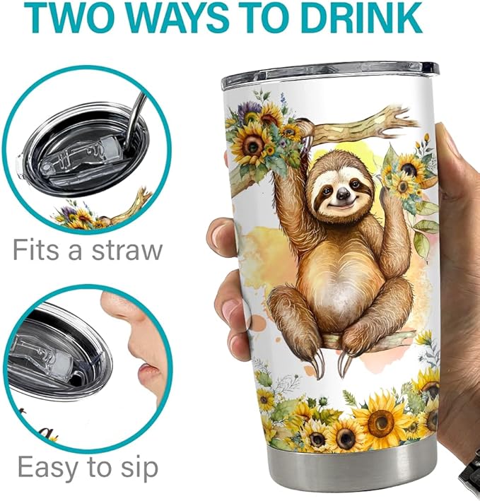 SANDJEST Sloth Tumbler 20oz Girl Loves Sloths Stainless Steel Insulated Tumblers Coffee Travel Mug Cup Gift for Women Girls Teen Birthday Christmas - Bloomnest