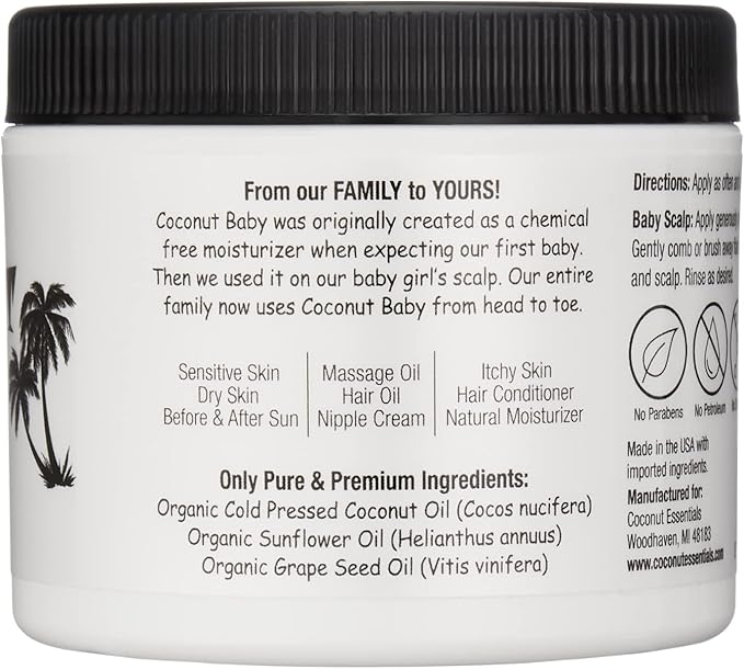 Coconut Essentials COCONUT BABY Oil, Natural & Organic Moisturizer for Newborn Sensitive Skin, Eczema & Psoriasis Relief, Hair Oil for Cradle Cap Treatment, Unscented, Sunflower & Grape Seed 8 fl oz - Bloomnest