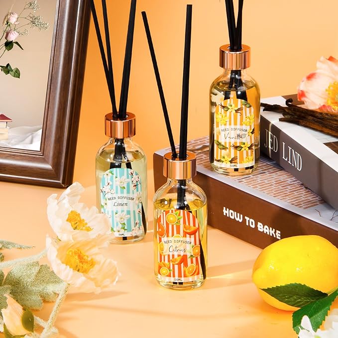 Reed Diffuser Set of 3 Pack, Linen Vanilla Citrus Scented Oil Diffuser with 15 Sticks, Reed Diffusers for Home, Bathroom Air Freshener, 1.7 Fl.oz Each, Total 5.1 Oz - Bloomnest