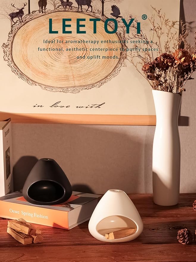 Ceramic Palo Santo Holder - Modern Incense Burner for Meditation,Yoga and Energy Cleansing - Wood Sticks Dish, Cone Burner - Inspired Home Decor Gift (White) LEETOYI