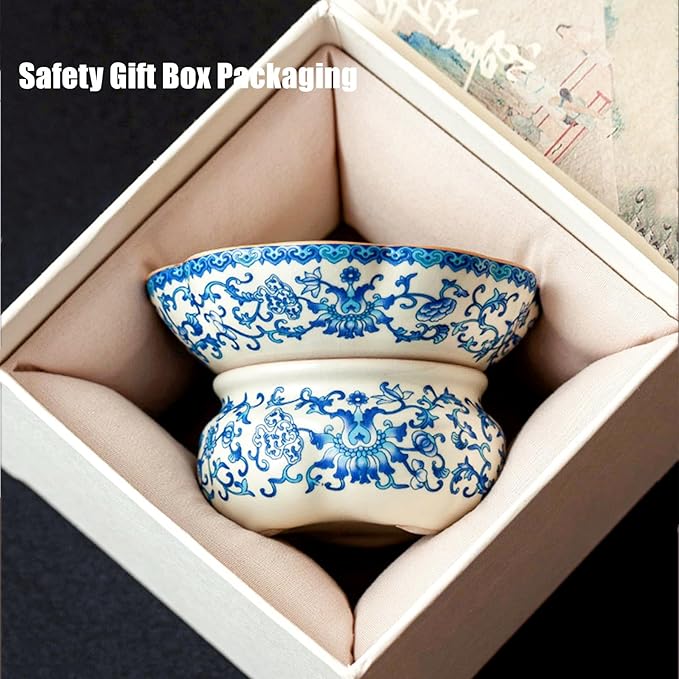Ceramic Tea Infuser Strainers with Support Holder Saucer - Blue and White Porcelain Entangled Lotus Floral Pattern, Fine Mesh Loose Leaf Tea Colander Filter Kungfu Tea Ceremony Utensils