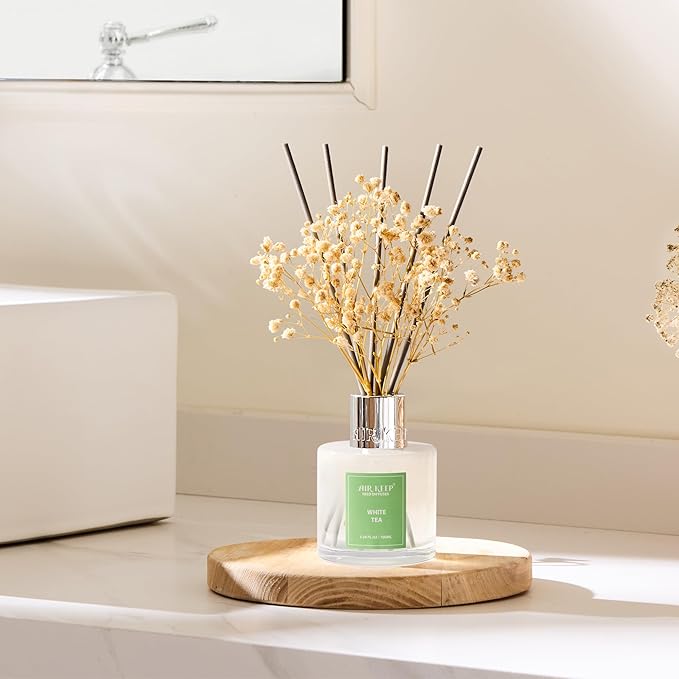Airkeep Reed Diffuser Set,3.38 fl oz (100 ml) - White Tea Oil Diffusers with 8 Reed Sticks, Home Fragrance Reed Diffuser for Bathroom Shelf Decor - Bloomnest