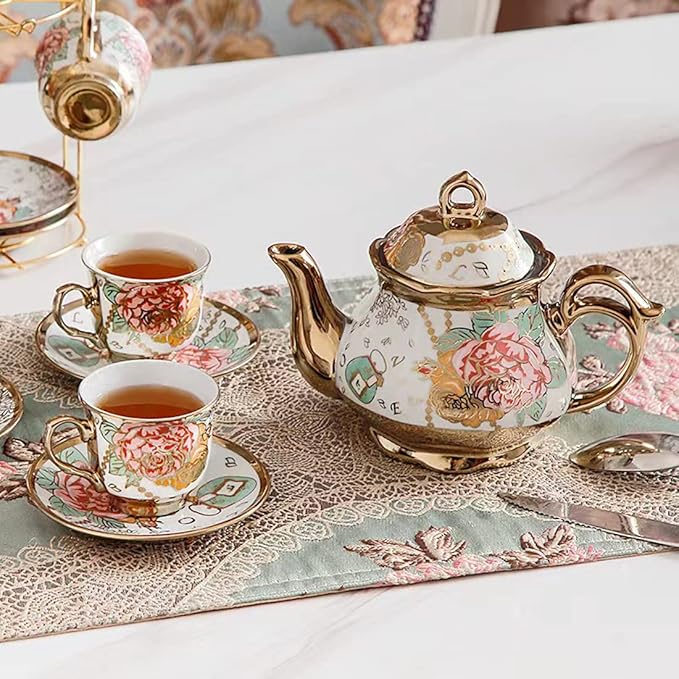 CHANJOON tea sets Gold Plated Red Rose Ceramic Tea Set, Vintage Teapot Tea Sets Beautiful Tea Set Coffee Serving 6 People (Golden, Medium) - Bloomnest