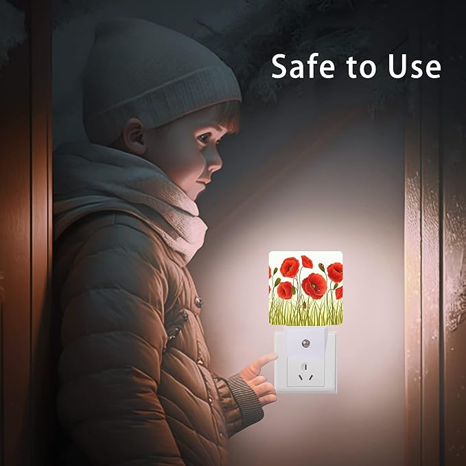 Red Flowers Night Light,Red Poppy Flowers and Ladybugs Plug-in Night Lights with Dusk-to-Dawn Sensor for Stairway/Hallway/Bedroom Sleep Friendly lamp for Women/Girls/Boys Gift,0.5W - Bloomnest