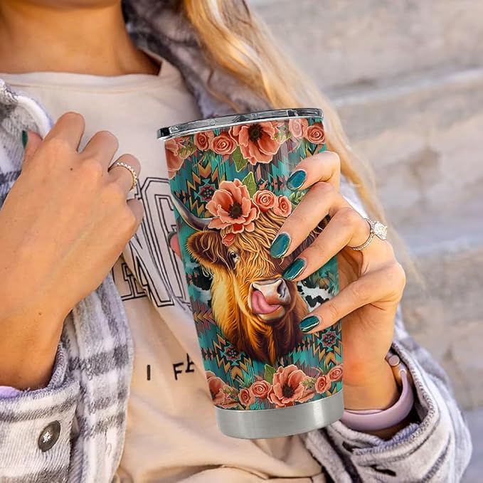 Highland Cow Tumbler 20oz Stainless Steel Insulated Coffee Travel Mug Cup for Women Girls Cows Lovers Cow Gifts for Birthday Christmas Mothers Day - Bloomnest