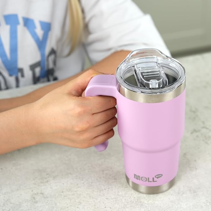 Insulated Tumbler with Handle 16 oz Stainless Steel Double Wall Vacuum Tumbler Cups Travel Coffee Mug with Lid and Straw (Purple Pink) - Bloomnest