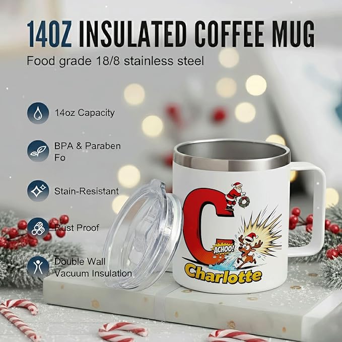 Personalized Christmas Mug with Name Initial - Funny Comic Santa & Sneezing Reindeer 12oz Insulated Stainless Steel Coffee Cup with Handle & Lid - Unique Xmas Holiday Gifts for Kids, Boys, Men (B153) - Bloomnest