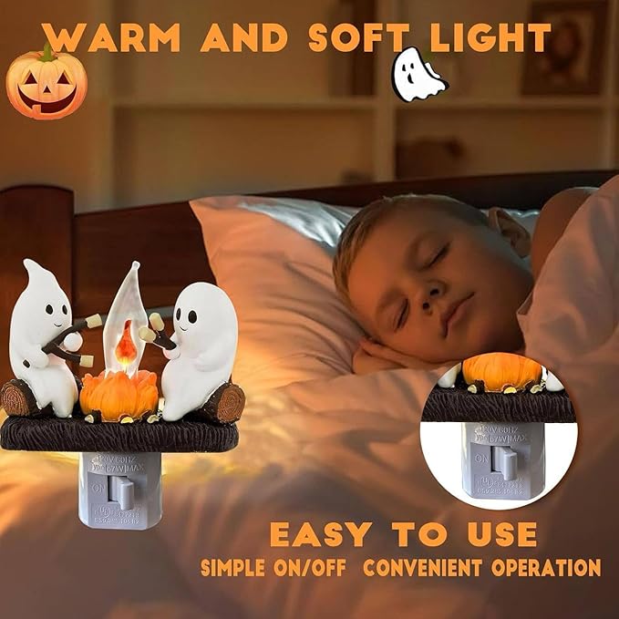 Ghost Campfire Night Light, White Plastic, LED Flickering Flame Effect, Indoor Decorative Wall Plug-in, Spooky Decor for Kids Bedroom - Bloomnest