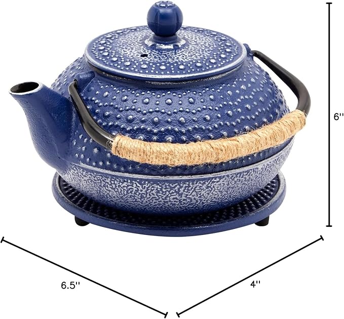 Juvale Cast Iron Teapot with Infuser - Blue, 27 oz (800 mL) - Stovetop Tea Kettle for Loose Leaf Tea - Includes Stainless Steel Infuser & Trivet - Bloomnest