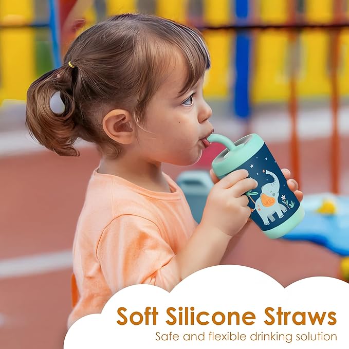 Kid Insulated Stainless Steel Tumbler with Silicone Straw, 12oz Sippy Cup for Kids (Dreamy Elephant) - Bloomnest