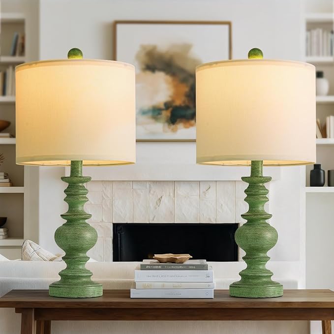 BOBOMOMO 20" Sage Green Table Lamps Set of 2 – Farmhouse Resin Bedside Lamps with Linen Shades, Handcrafted Traditional Rustic Lamp for Bedroom, Living Room, or Corner – Ideal for Small Spaces - Bloomnest