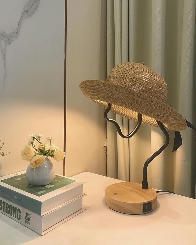 Touch Control Modern Table Lamp - Creative Hat Desk Lamp with USB C and A Ports, Cute Bedside Lamp, Wooden Base,Glass Shade, Unique Lamps for Home Decor, Living Room, Gifts (Hat Not Included) - Bloomnest