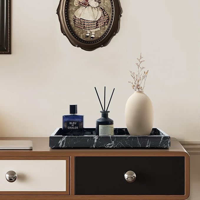 Real Natural Marble Tray for Bathroom, Vanity, Kitchen and Desktop, Rectangle Genuine Marble Stone Tray for Jewelry, Cosmetics, Candles, Lotion, Perfume and Home Decor (Black)