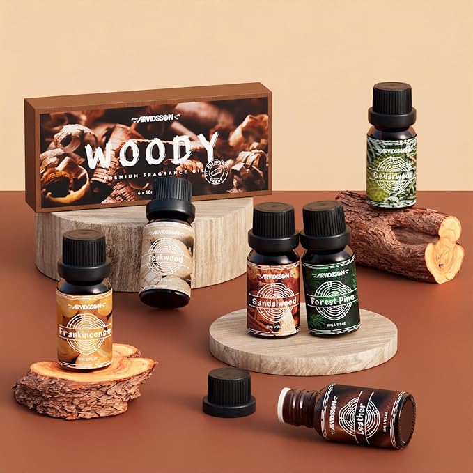 Woody Essential Oils Set, ARVIDSSON Woodsy Fragrance Oil for Candle Making, Sandalwood, Leather, Teakwood, Frankincense, Cedarwood, Pine, Diffuser Essential Oil for Men and Women - Bloomnest