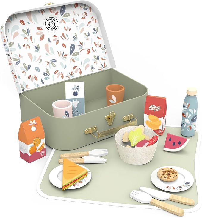SPEEDY MONKEY Wooden Picnic Basket Playset β FSC Certified Pretend Play Food & Fruit Toy for Toddlers & Preschoolers, Outdoor Picnic Travel Adventure, Kitchen Role Play Set for Boys & Girls - Bloomnest