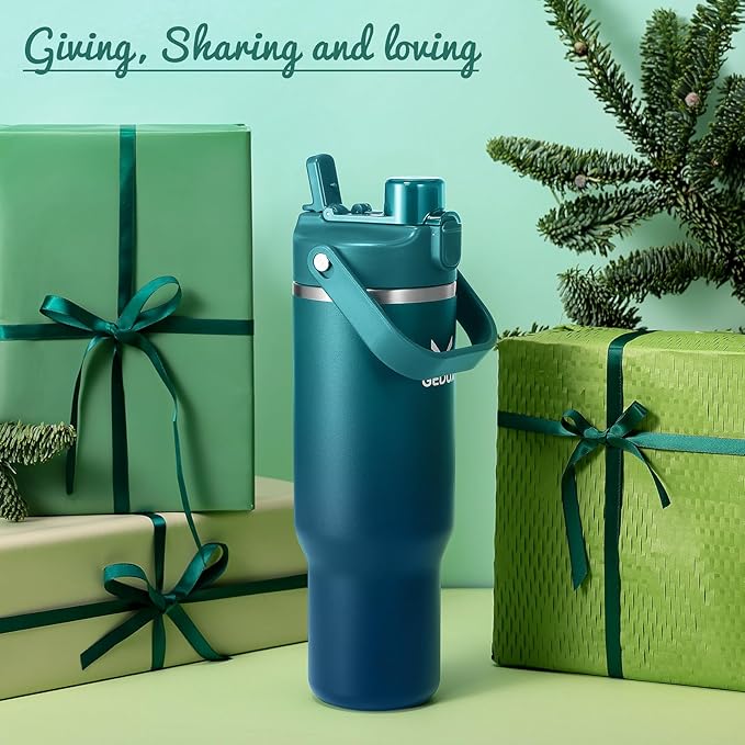 32 oz Stainless Steel Tumbler with Handle and Straw, Vacuum Insulated Water Bottle with 2-in-1 Lid (Chug/Straw) and Silicone Boot,Keeps Drinks Hot and Cold - Bloomnest