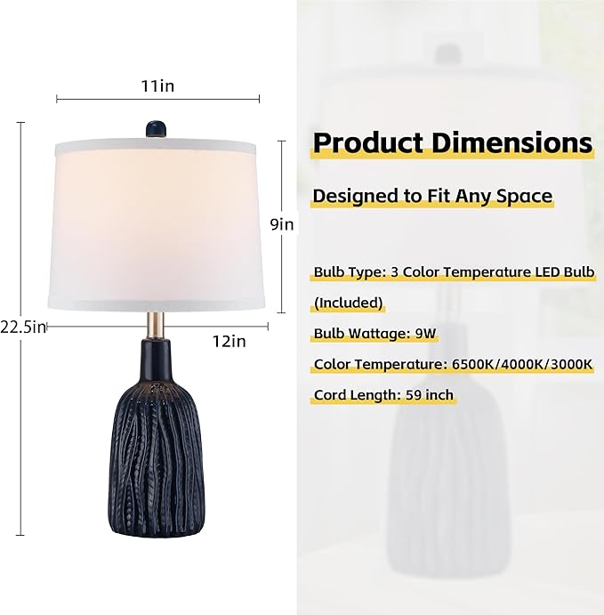 GRUENLICH Ceramic Table Lamp Set of 2 for Nightstand, 22.5" Modern Blue Bedside Lamp with 3 Adjustable Color Temperature, Bedroom Light for Living Room Desk End Table Office (2 LED Bulbs Included) - Bloomnest