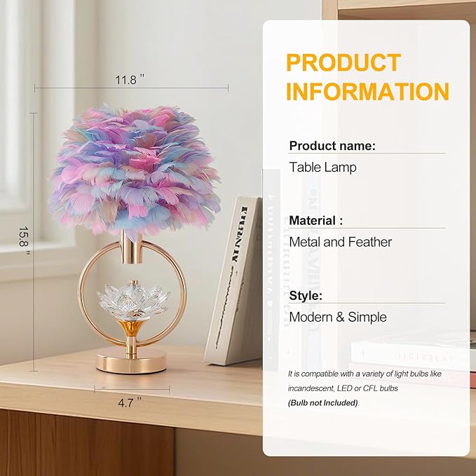 Colorful Feather Lamp Unique Feather Bedside Nightstand Light Goose Furry Desk Lamp Romantic Atmosphere Table Lamp for Girl Bedroom Wedding Decor Living Room Hotel 17IN - Bloomnest