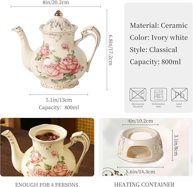 Vintage Ceramic Tea Pot, Heatable with Warmer, Decor for Party, Camping or Wedding, 25 oz/ 2 Cup, White with Pink Roses & Gold Trim - Bloomnest