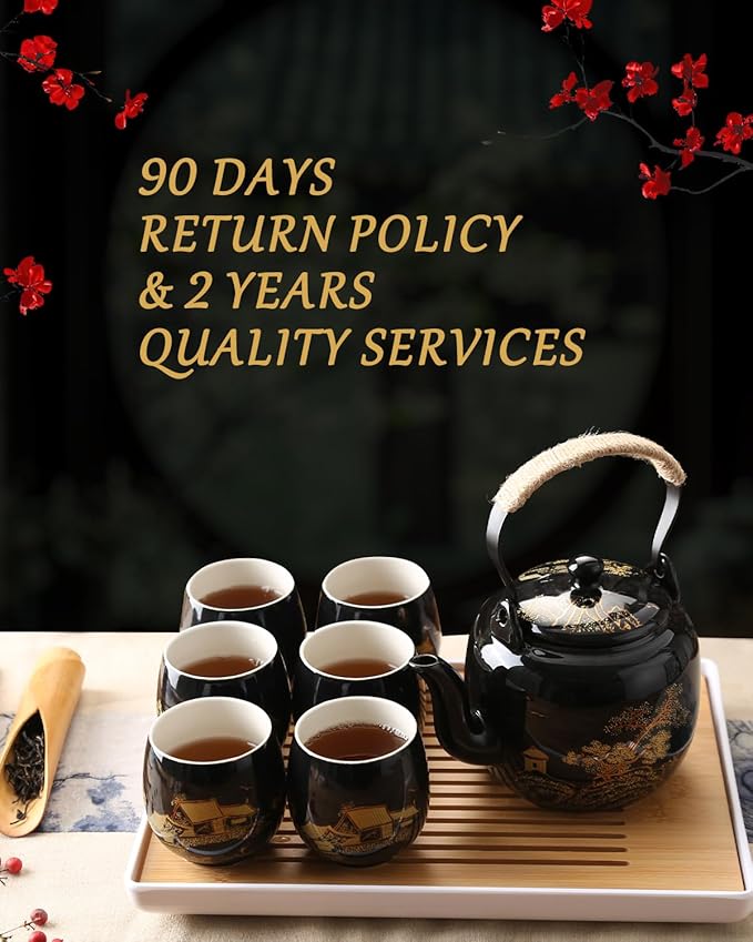 Dujust Japanese Tea Set, Black Porcelain Tea Set with 1 Teapot Set, 6 Tea Cups, 1 Tea Tray, 1 Stainless Infuser, Beautiful Asian Tea Sets for Adults, Tea Lover/Women/Men (Countryside in Golden) - Bloomnest