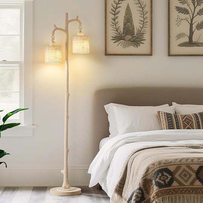 Floor Lamp for Living Room - 69" Rustic Farmhouse Tree Trunk Tall Lamp - Country Resin Vintage Reading Light with Linen Shade Standing Lamps for Bedroom Office Classroom Home Decor (Almond White) - Bloomnest