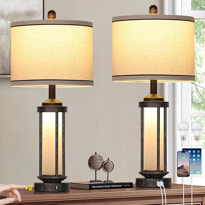 27" Farmhouse Industrial Table Lamps, Vintage Rustic Retro Beside Lamps with USB A+C Charging Ports & AC Outlet, Modern Nightstand Lamps with Glass LED Night Light for Living Room Bedrooms End Table - Bloomnest