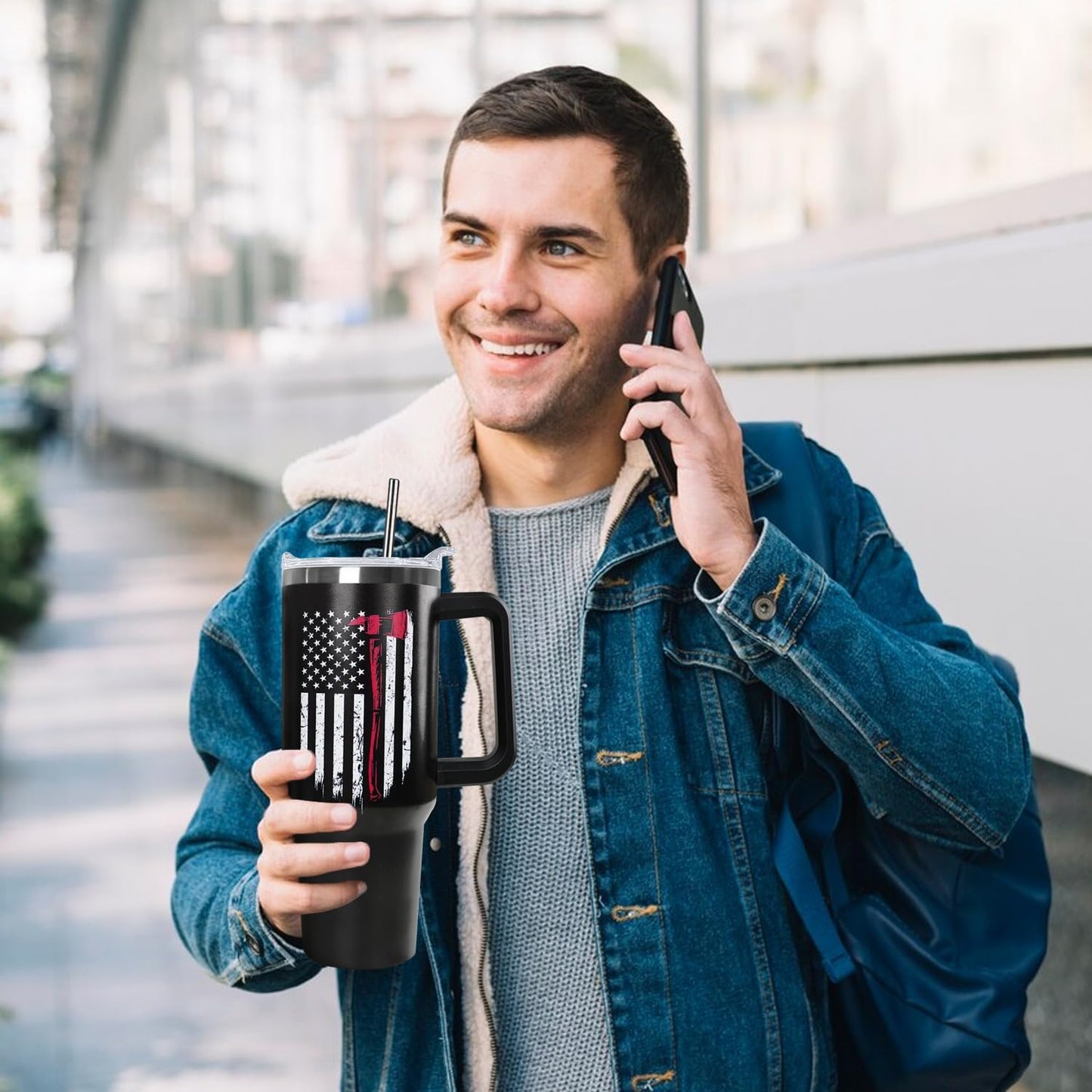 Ceovfoi Firefighter Gifts for Men,40 oz American Flag Tumbler with Handle Lid and Straw Stainless Steel Cups Mug, Firefighter Stuff Supplies Accessories