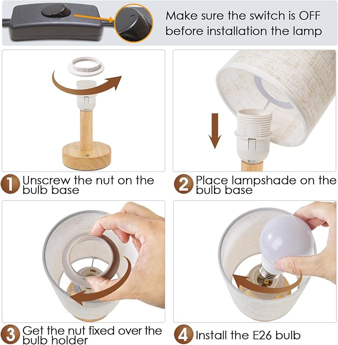 Small Bedside Table Lamp for Bedroom,Natural Round Wood Base&Fabric Linen Shade,Cozy Night Table Light for Study Reading,Minimalist Boho Desk Lamp for Nightstand,Living Room,Nursery,Kitchen,Dorm - Bloomnest