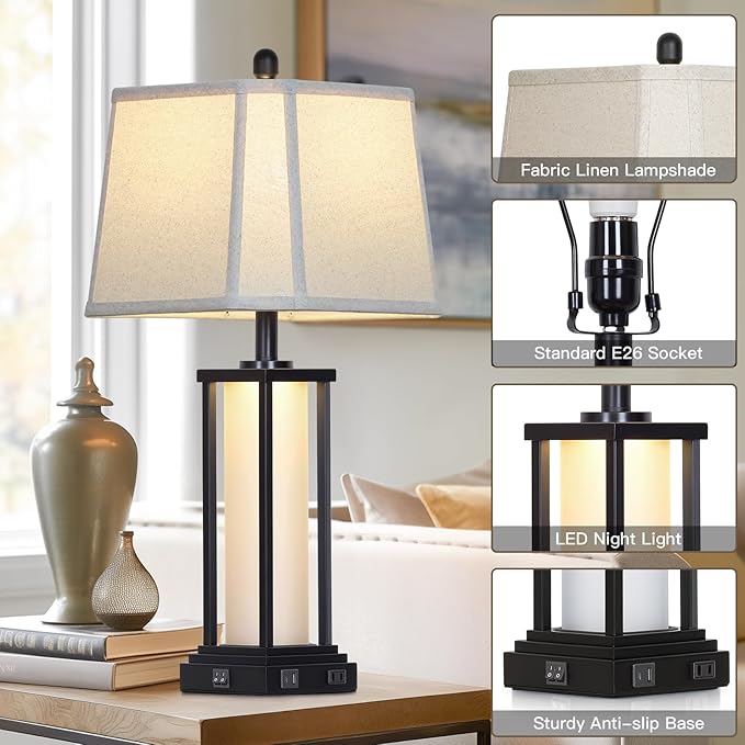 27" Tall Vintage Table Lamp Set of 2 with USB C+A & Outlet,Black Industrial End Table Lamp for Living Room,Farmhouse Rustic Bedside Lamps with Bell Lampshades for Bedroom Nightstand,Black - Bloomnest
