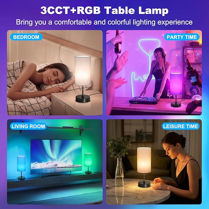 Unicozin Small Table Lamp, 7 RGB & 3 CCT 3000K/4500K/6500K, Stepless Dimmable Bedside Lamp with Grey Shade, Touch Control Ambience Nightstand Light for Living Room Dorm Home Decor Party - Bloomnest