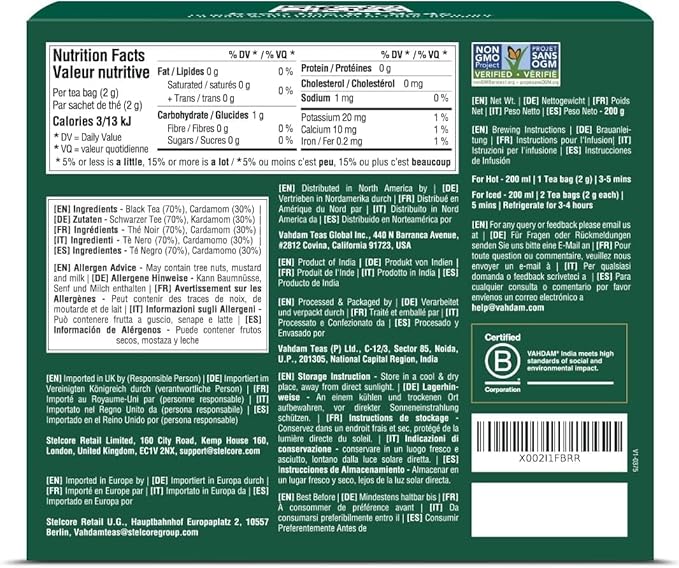 VAHDAM, Cardamom Masala Chai Tea Bags (100 Count) Non GMO, Gluten Free, No Artificial Flavor | Blended w/Exotic Spices | Chai Tea | Resealable Ziplock Pouch - Bloomnest