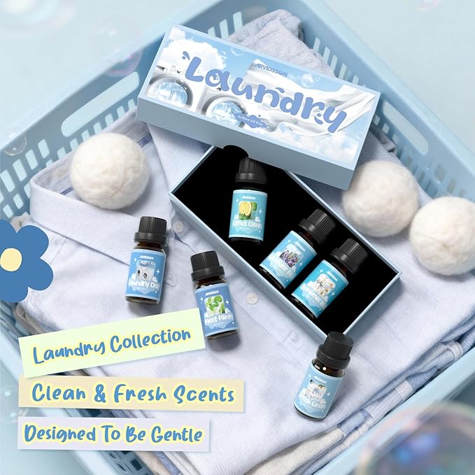 ARVIDSSON Laundry Collection Essential Oil Set, Natural Clean Essential Oils for Diffuser, Use with Wool Dryer Balls - Fresh Linen, Citrus Clean, Laundry Day, Chamomile Bliss, Lavender Field, Minty - Bloomnest