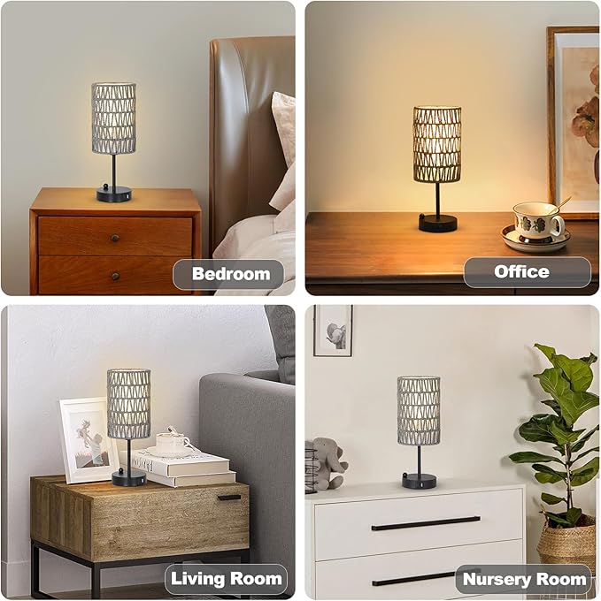 Gray Bedside Lamps Set of 2, Touch Control Night Stand Lamp for Bedroom with Rattan & Linen Shade & Bulbs, 3 Way Dimmable Small Boho Table Lamps with USB Charging Port & Phone Stand - Bloomnest