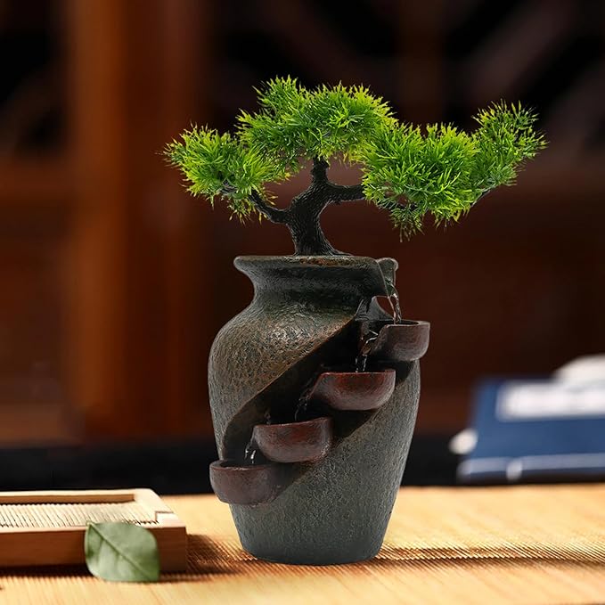 8.7inch Vase Type Artificial Bonsai Tree Fake Plant Mini Tabletop Waterfall Fountain with Water Flow, Indoor Desktop Decoration for Office Restaurant Coffee Home Decor or Festival Birthday Surprise - Bloomnest