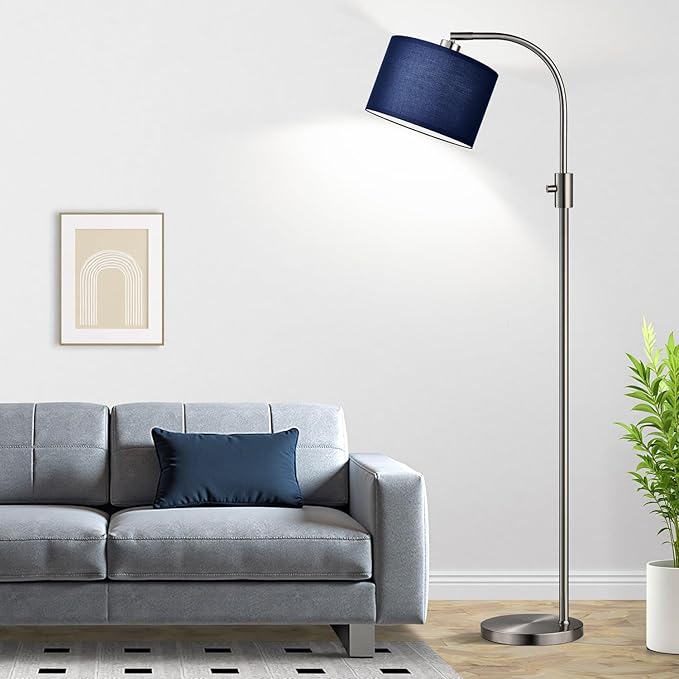 【Upgraded】 Dimmable Brushed Nickel Floor Lamp, 1200 Lumens LED Bulb Included, Arc Floor Lamps for Living Room Modern Standing Lamp with Blue Shade, Tall Lamp for Living Room Bedroom Office Study room - Bloomnest