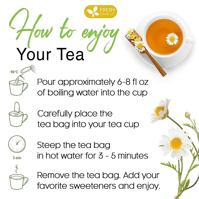 FRESHDRINKUS, Premium 25 Chamomile Tea Bags, 100% Natural and Pure Chamomile Flowers, Eco-conscious Tea Bags. Chamomile Flower Herbal Tea. No Sugar, No Caffeine, No Gluten, Vegan. - Bloomnest