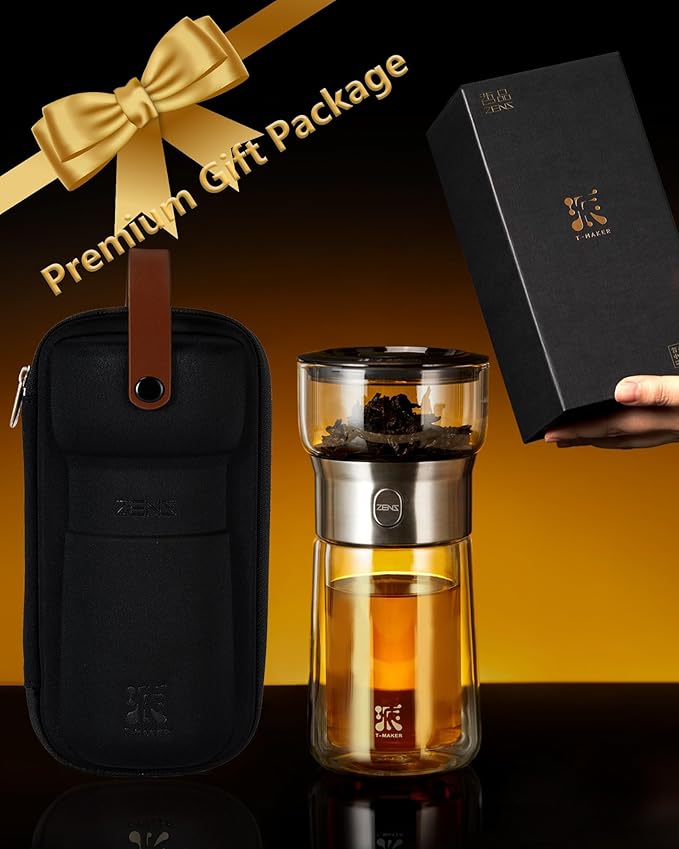 ZENS Modern Glass Tea Infuser Teapot, Smart One Touch Tea Maker for Loose Tea Diffusers with Insulated Mug and Portable Tea Kits, Cool Gongfu Tea Pot for Black Tea Lover Gifts - Bloomnest
