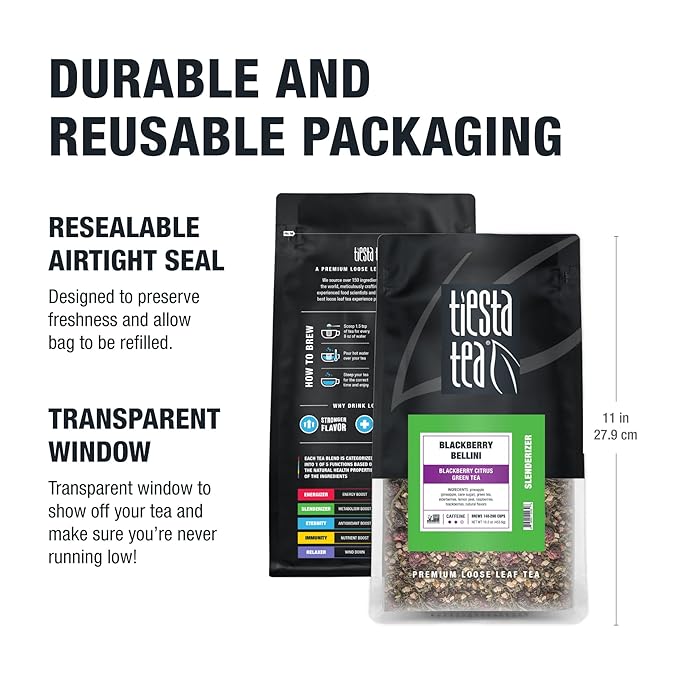 Tiesta Tea - Blackberry Bellini, Premium Loose Leaf Blend, Blackberry Citrus Green Tea, Medium Caffeinated, Refreshing Flavor, Hot or Iced, Up to 200 Cups, 16oz Resealable Bulk Pouch - Bloomnest