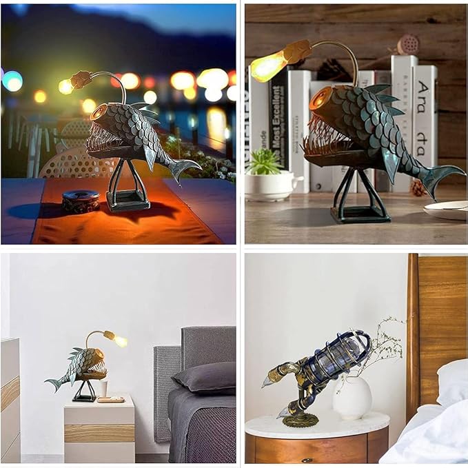 CAFELE Rustic USB Angler Fish Lamp, Shark Lamp Steampunk Style Table Lamp, Simulation Flame LED Bulbs Lights, Handmade Night Lights, Book Lights, Industrial Creative Decor for Home/Office (Small) - Bloomnest