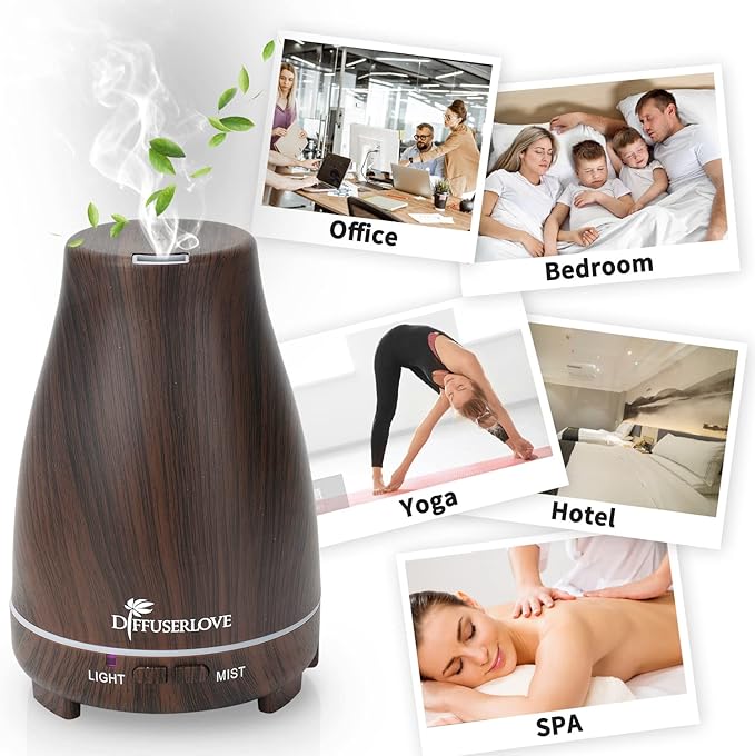 Diffuserlove Essential Oil Diffusers 200ML, Remote Control Aromatherapy Diffuser with 7 Color Lights, Auto Shut-Off for Bedroom Office Kitchen (Black Wood Grain) Diffuserlove