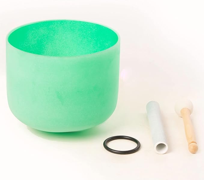 Leize Quartz Crystal Singing Bowl F Note 432 hz Heart Chakra Green 9" with Suede Striker - Bloomnest