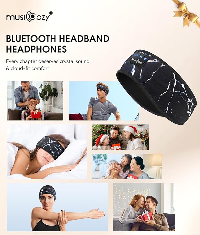 MUSICOZY Sleep Headphones Bluetooth 5.4 Headband, Wireless Earphones Music Sleep Earbuds Sleeping Eye Mask with HD Stereo Speakers for Workout Running Travel Yoga, Ideal Gifts (Marbling Black) - Bloomnest