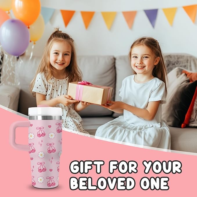 Cherry Bow Gifts for Girls - 14oz Kids Tumbler with Handle and Straw, Stainless Steel Insulated Water Cup, for Sport, School, Travel - Pink Bow Cherry Themed Children Birthday Gift Cup(1pc) - Bloomnest